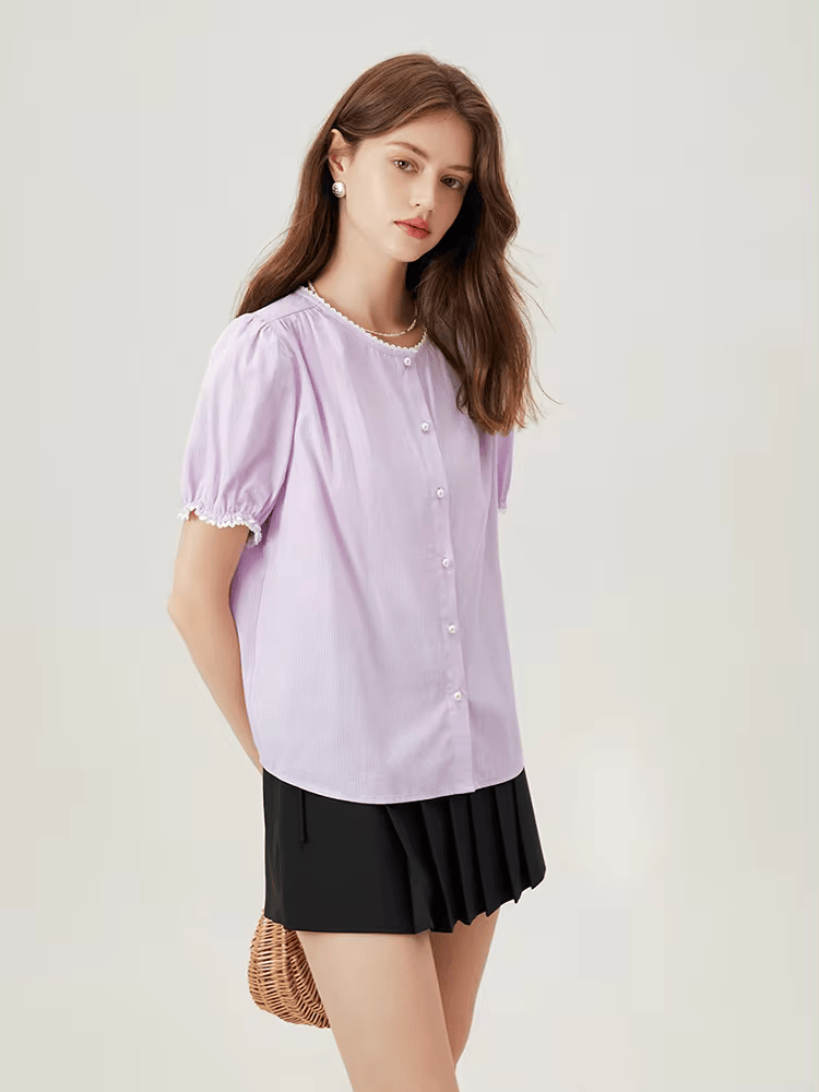 Blouse Légère en Coton pour Femme - Manches Bouffantes, Col Rond, Boutons en Perle