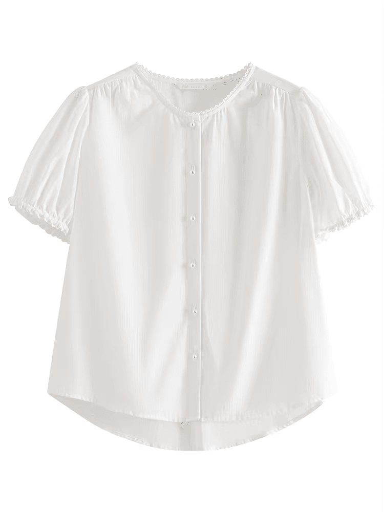 Blouse Légère en Coton pour Femme - Manches Bouffantes, Col Rond, Boutons en Perle