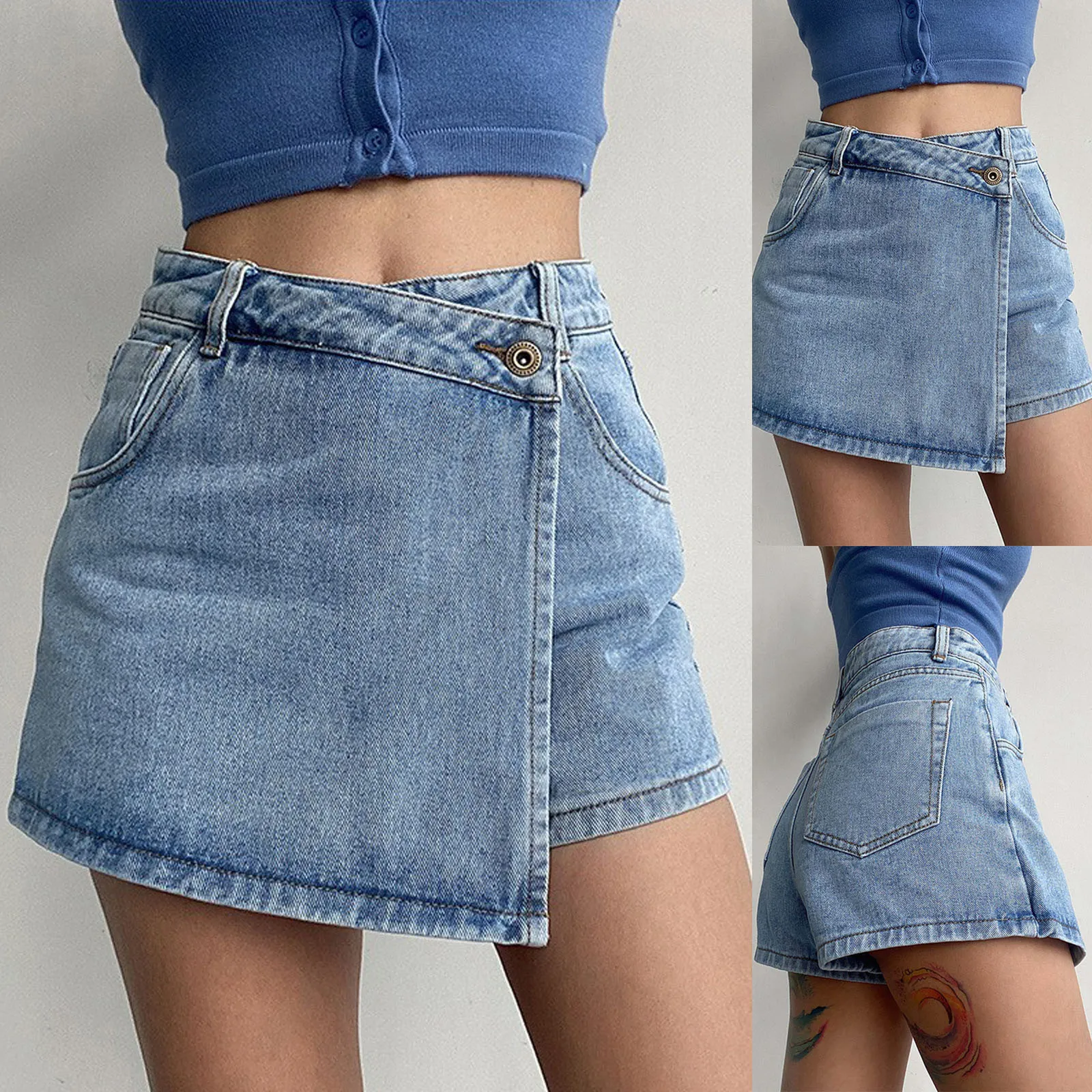 Skort en Denim Chic Molinna – Design Asymétrique Superposé avec Légères Détresses