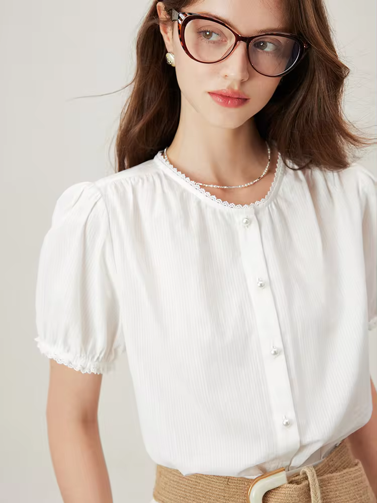 Blouse Légère en Coton pour Femme - Manches Bouffantes, Col Rond, Boutons en Perle