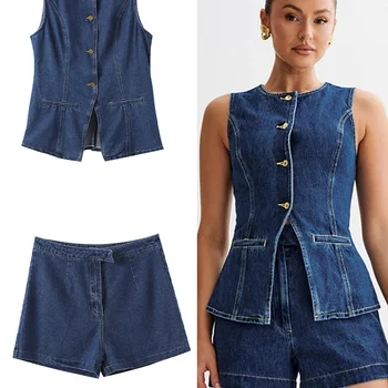 Ensemble 2 Pièces pour Femme : Top sans Manches à Col O Fendu & Short en Denim Taille Haute Large