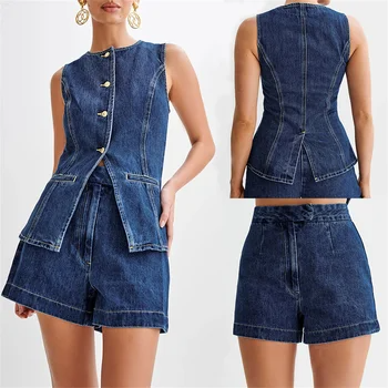 Ensemble 2 Pièces pour Femme : Top sans Manches à Col O Fendu & Short en Denim Taille Haute Large