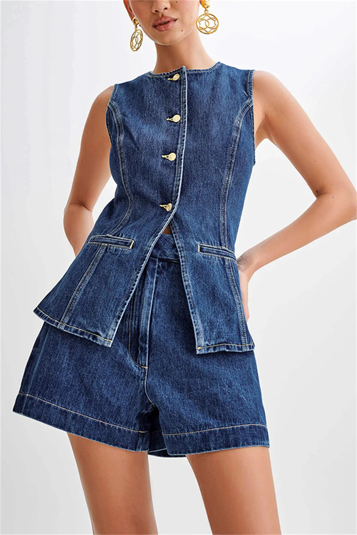 Ensemble 2 Pièces pour Femme : Top sans Manches à Col O Fendu & Short en Denim Taille Haute Large